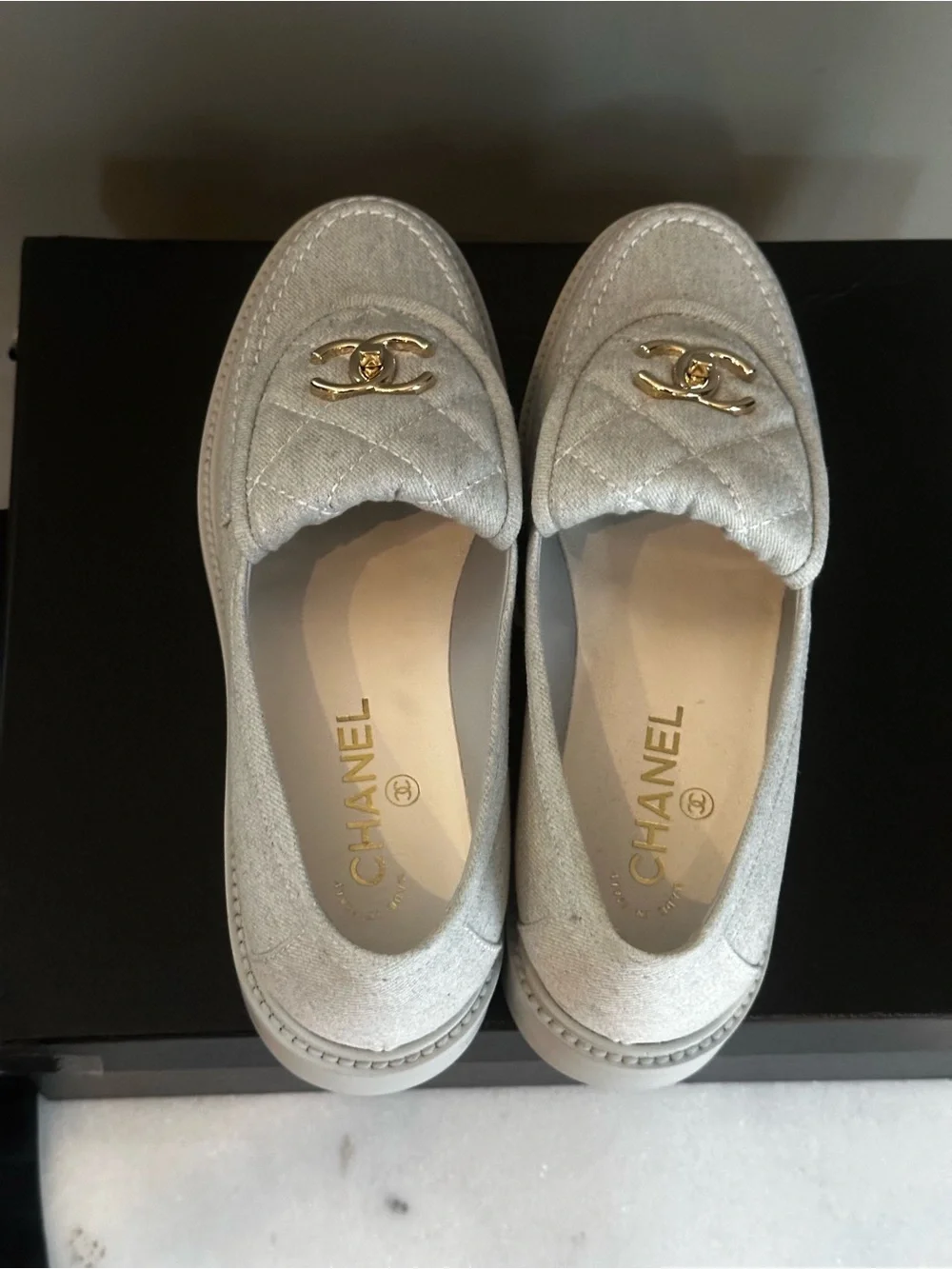 CHANEL light Denim Quilted Loafers with Gold CC Hardware
